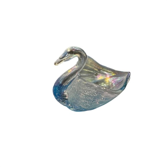 Iridescent Glass Swan Trinket Dish Candy Bowl Blue Opalescent Art Glass - Picture 3 of 5